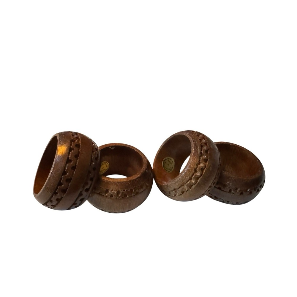 Vintage Philippines Wood Napkin Rings Set of 4 Carved Brown Boho Table Decor